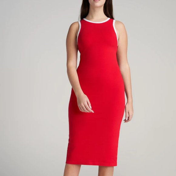 WOMEN'S TALL SLEEVELESS FITTED MIDI DRESS IN RED AND WHITE Size XL Extra Tall - Picture 1 of 3